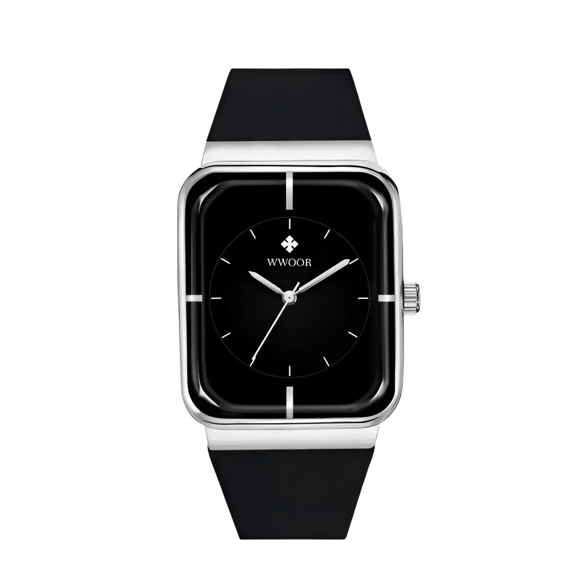 Black wwoor quartz watch with silver-toned rectangular case and black silicone strap for elegant wear