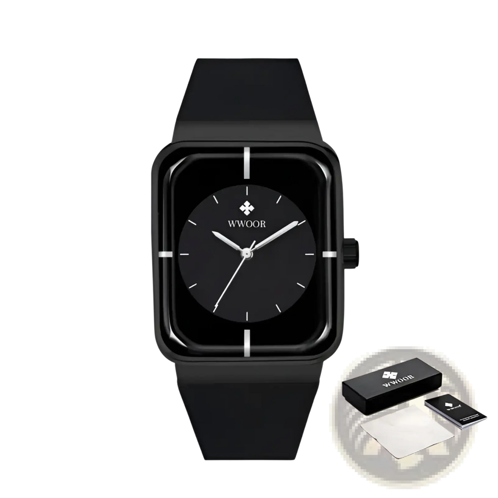 Black rectangular wwoor gold rectangle quartz watch with sleek matte finish and minimalist silver hands on dark dial