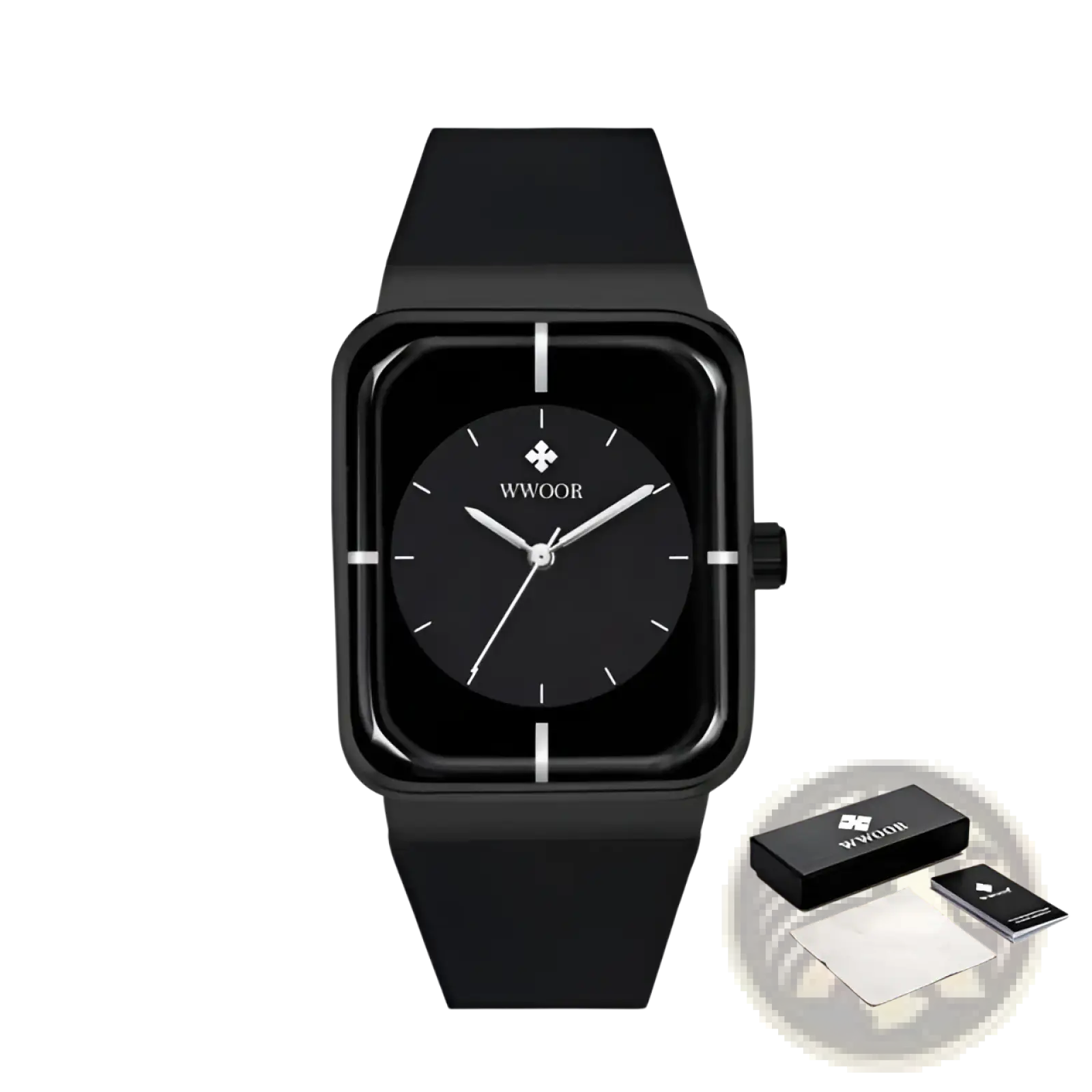 Black rectangular wwoor gold rectangle quartz watch with sleek matte finish and minimalist silver hands on dark dial