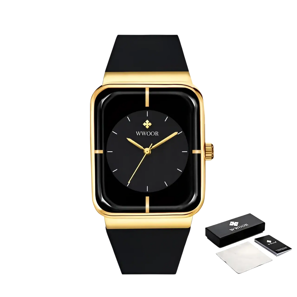 Wwoor gold rectangle quartz watch with black and gold rectangular case and black silicone strap in sleek design