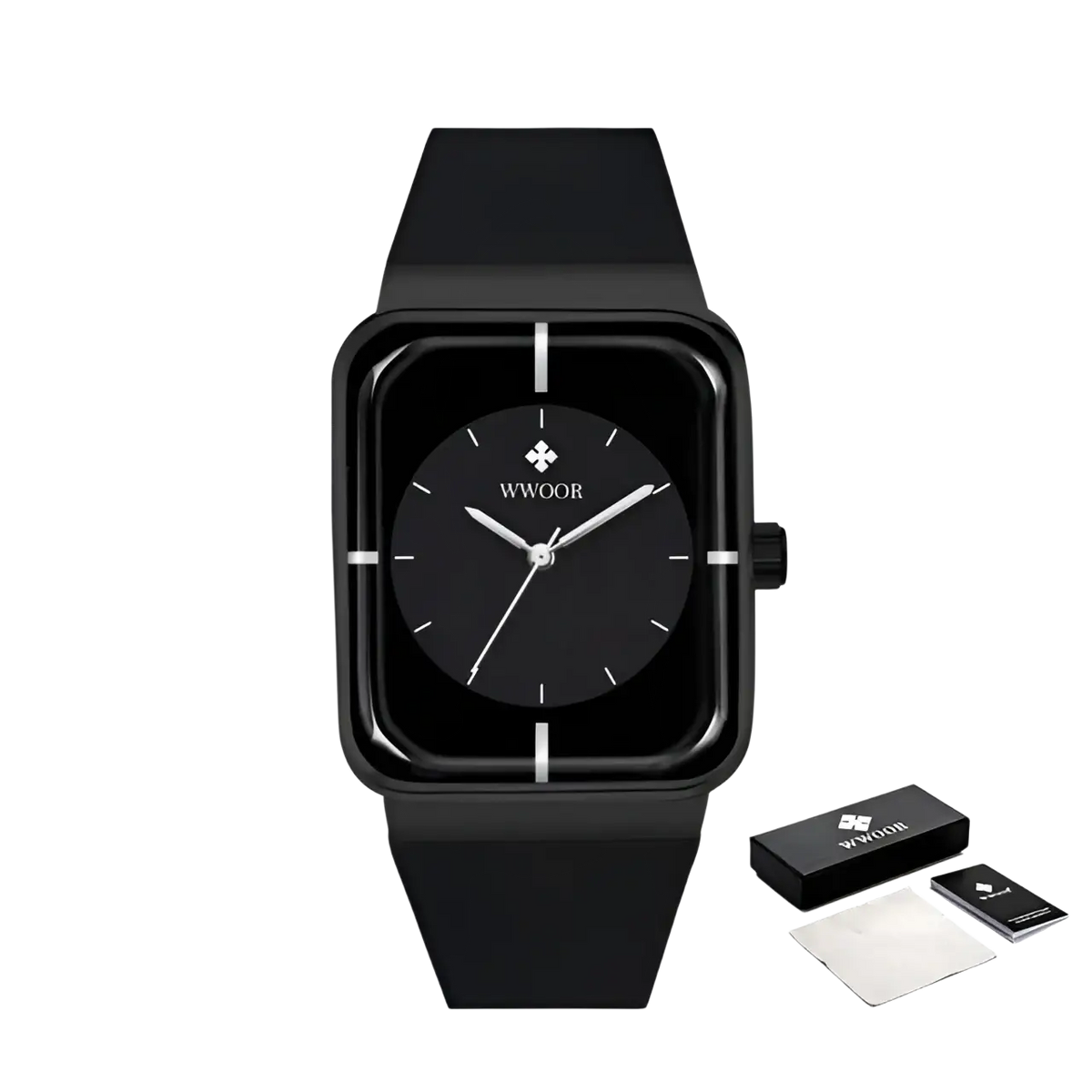 Black rectangular wwoor gold rectangle quartz watch with sleek matte finish and minimalist silver hands on dark dial