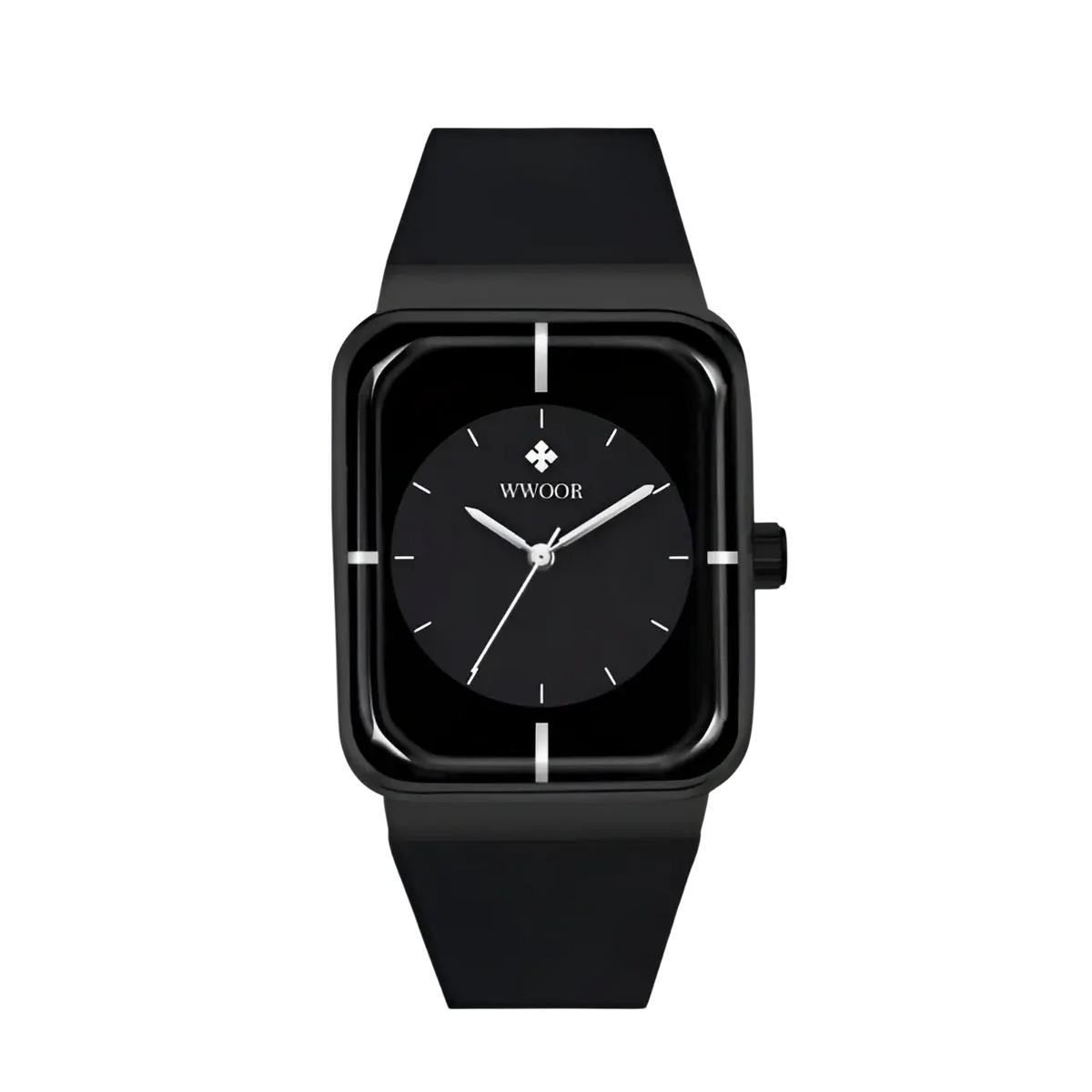 Wwoor gold rectangle quartz watch with black silicone strap and minimalist dial featuring silver hands and markers