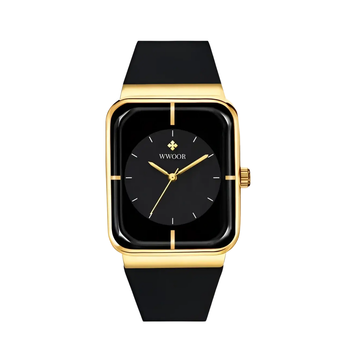 Wwoor gold rectangle quartz watch with black and gold rectangular face and sleek black silicone strap