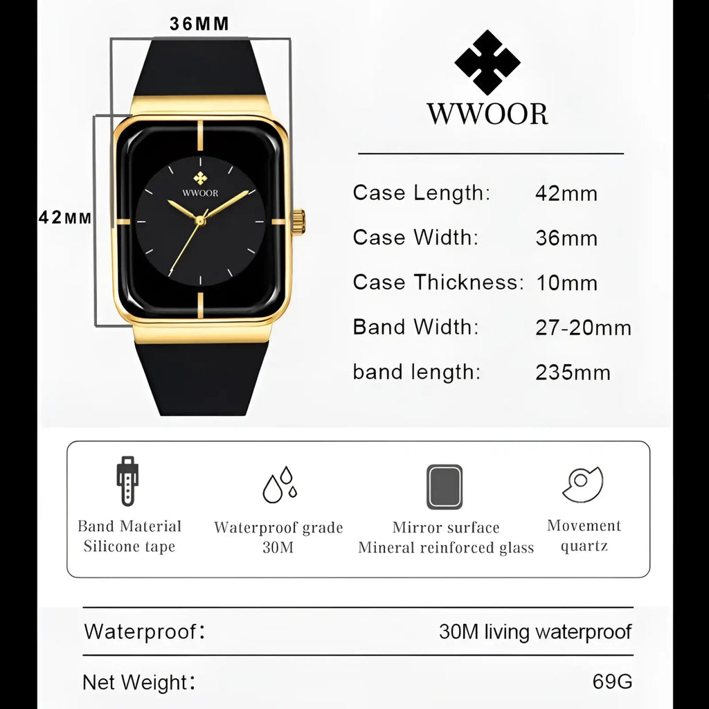 Wwoor gold rectangle quartz watch with black and gold rectangular face and a black silicone band