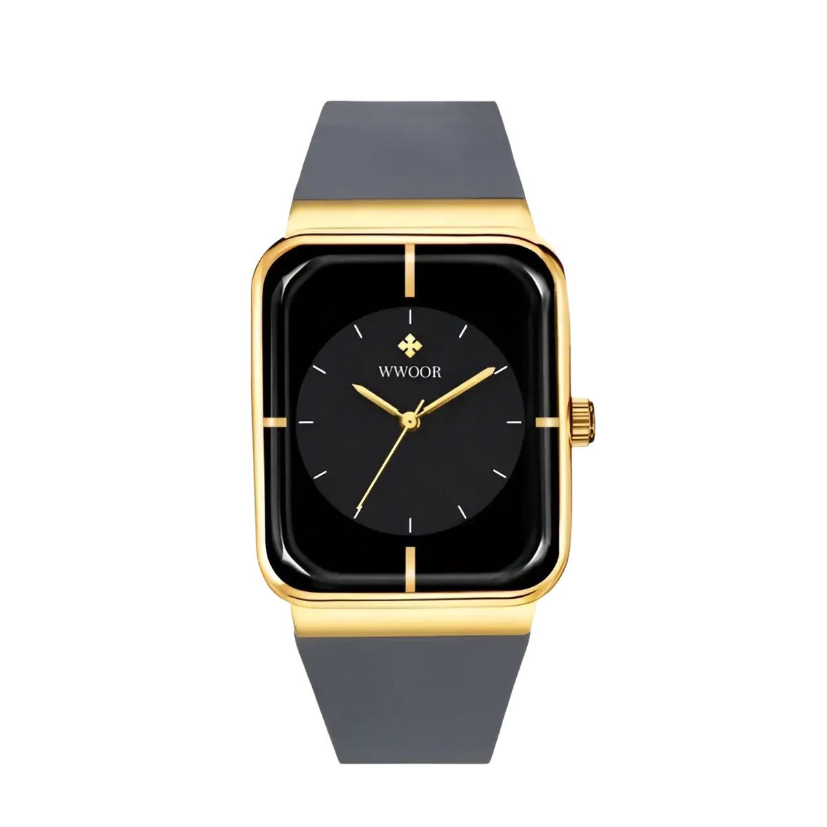Wwoor gold rectangle quartz watch with a gold-tone case dark gray silicone strap and black dial with white markers