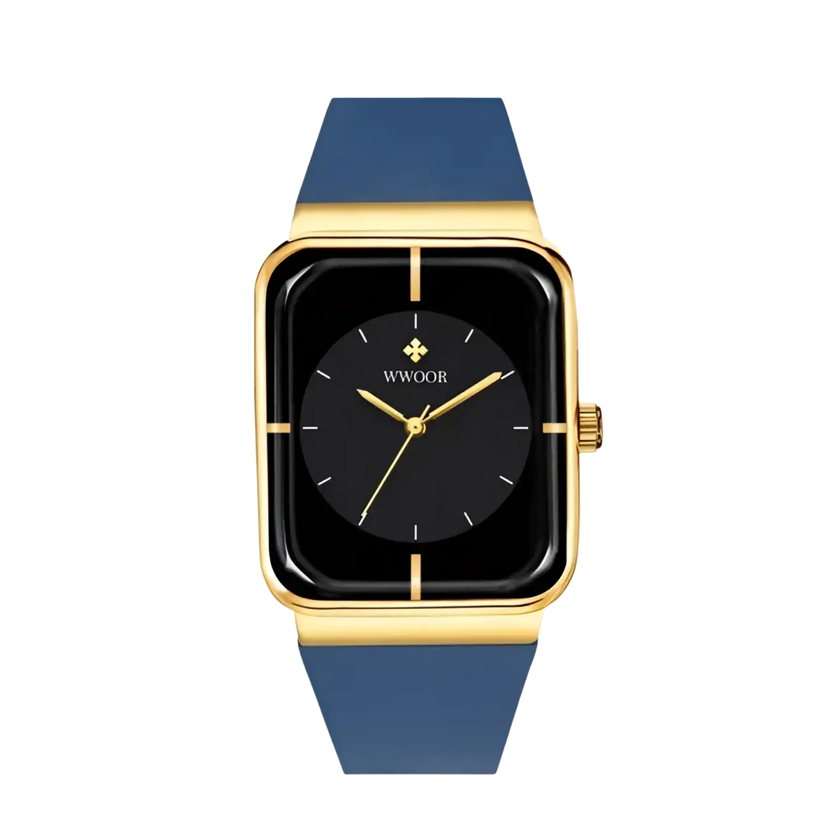 Wwoor gold rectangle quartz watch with gold-tone case black dial and blue silicone strap for stylish wear