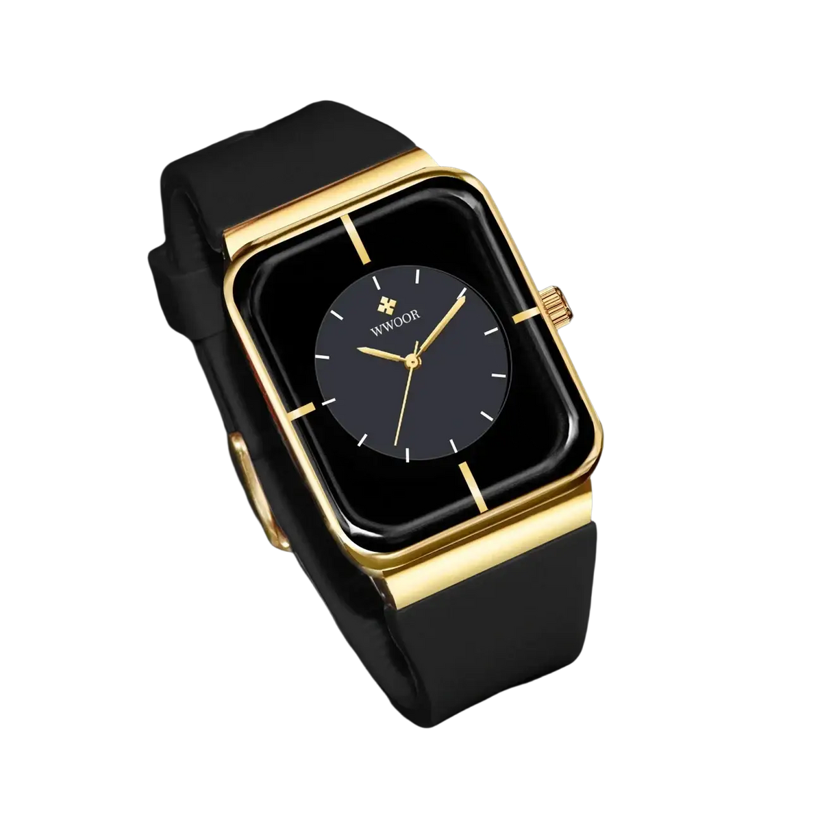 Wwoor gold rectangle quartz watch with a gold frame black dial and matching black strap featuring minimalist hands