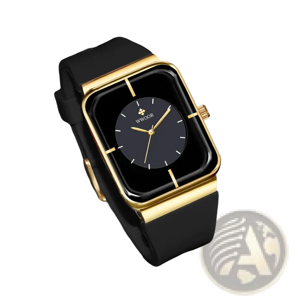Wwoor gold rectangle quartz watch with a gold frame black dial and matching black strap featuring minimalist hands