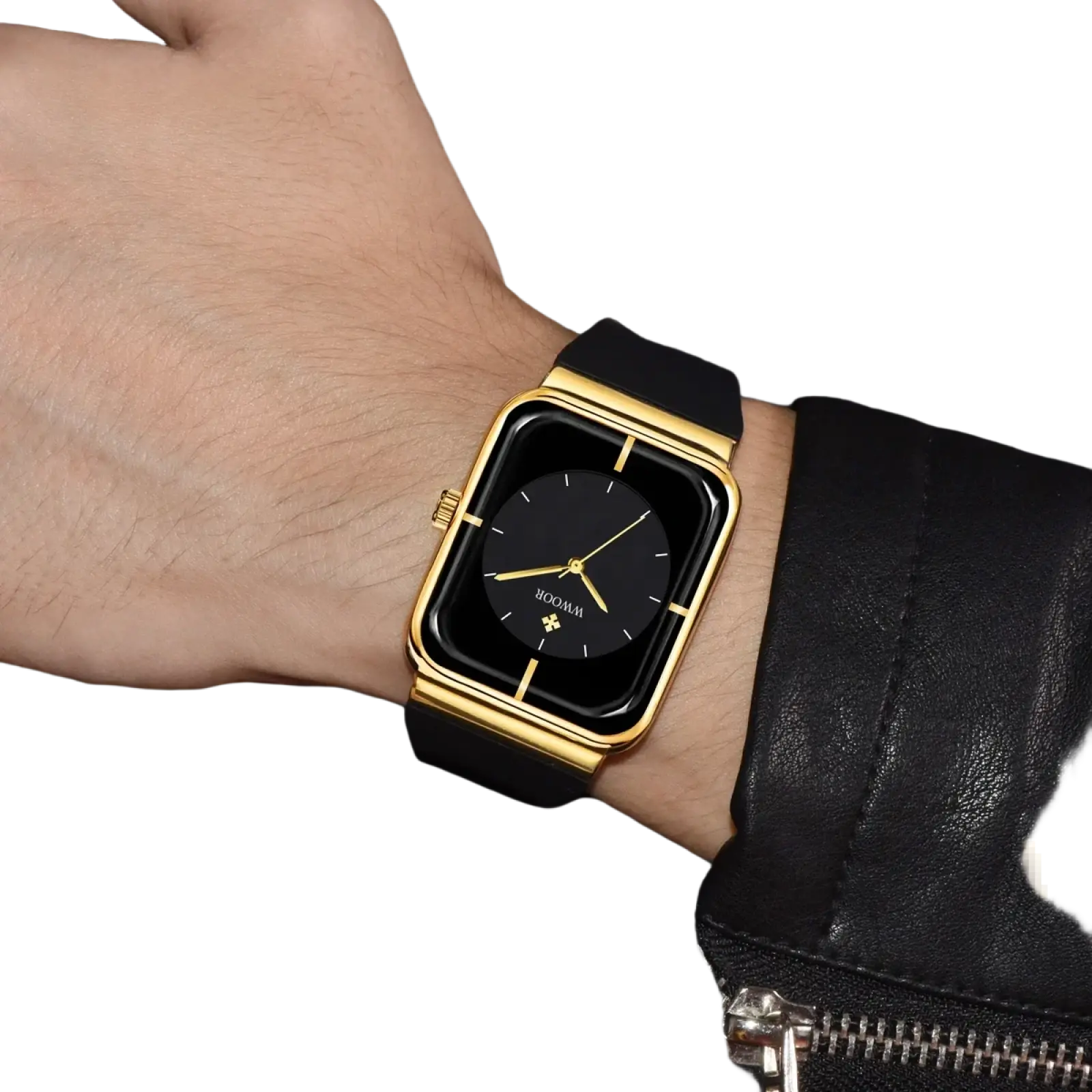 Wwoor gold rectangle quartz watch with gold-framed black rectangular face and matching black strap with minimalist gold hands