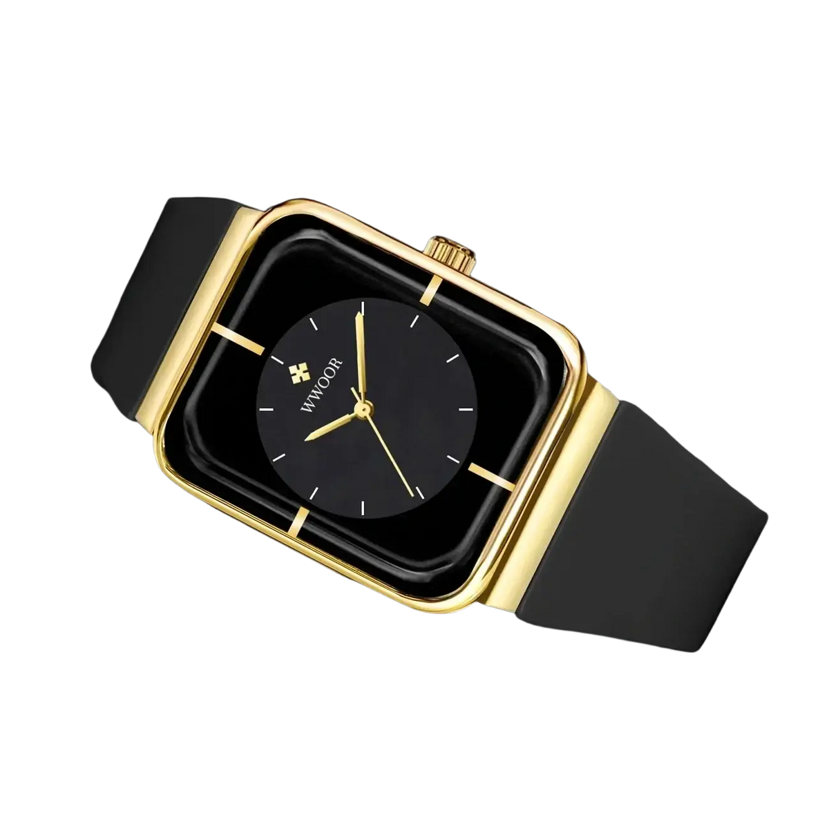 Wwoor gold rectangle quartz watch with gold frame black dial and matching black silicone strap