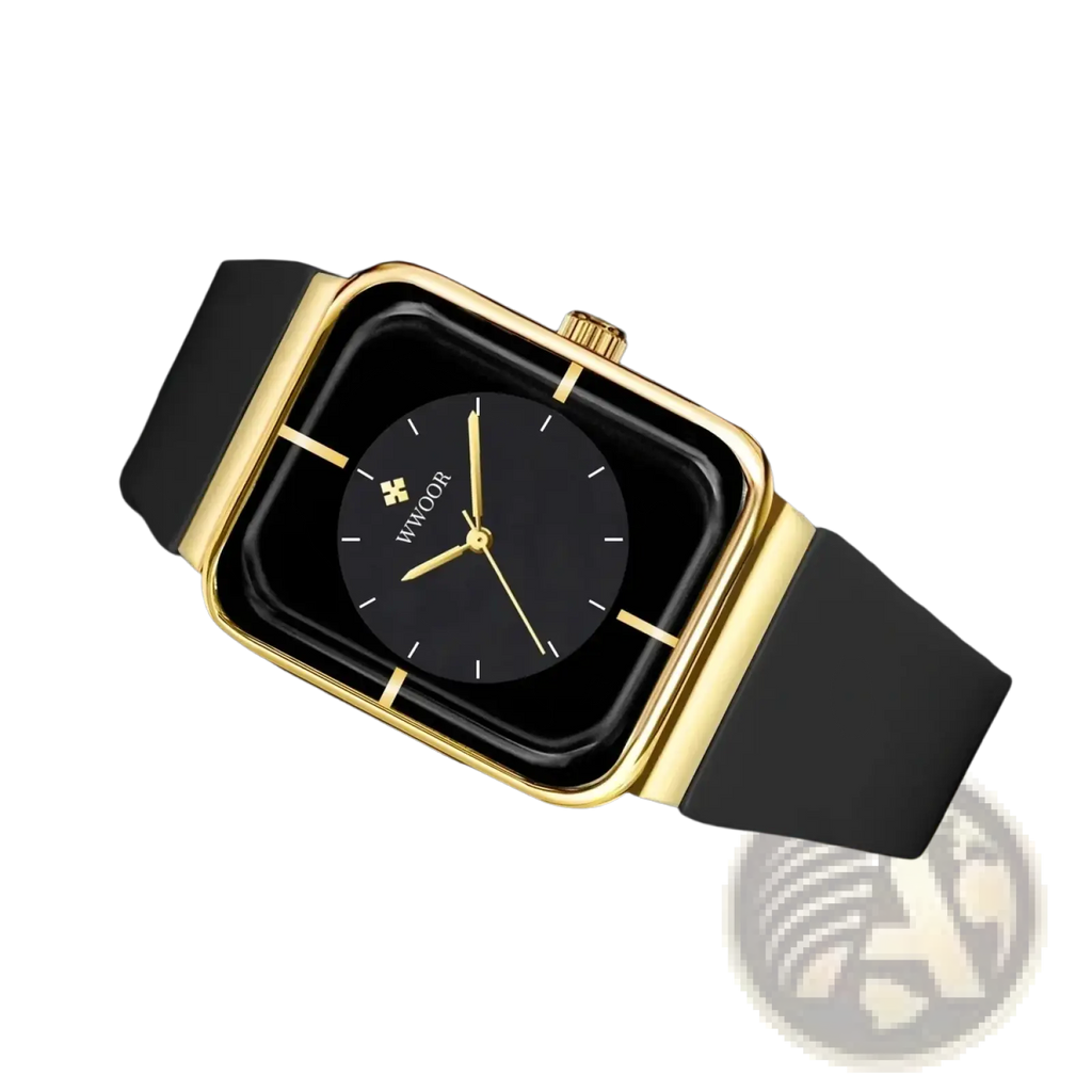 Wwoor gold rectangle quartz watch with gold frame black dial and matching black silicone strap