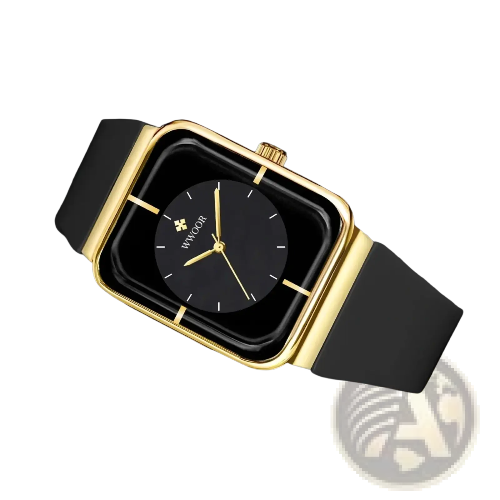 Wwoor gold rectangle quartz watch with gold frame black dial and matching black silicone strap