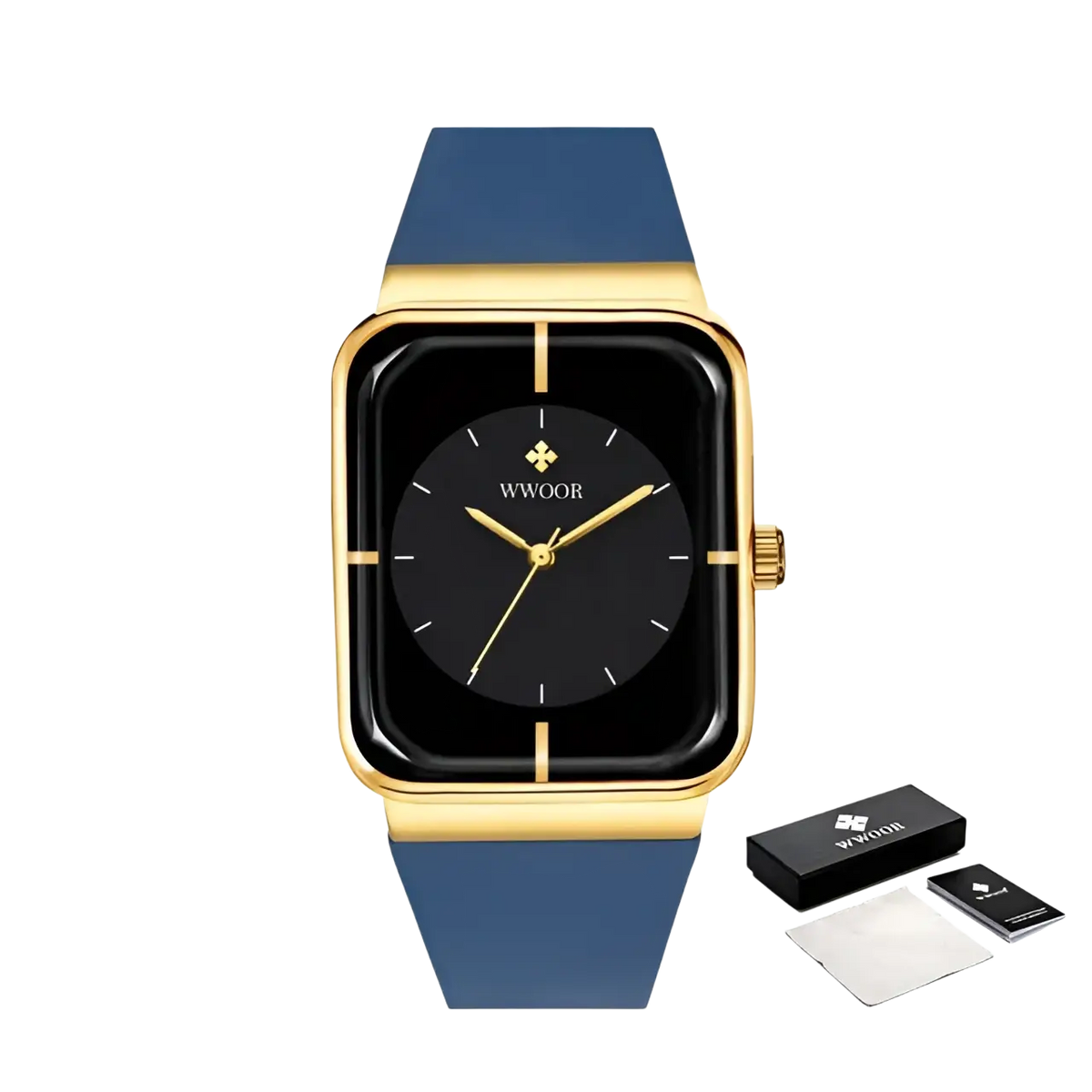 Wwoor gold rectangle quartz watch with black dial and blue silicone strap featuring brand logo on face and packaging