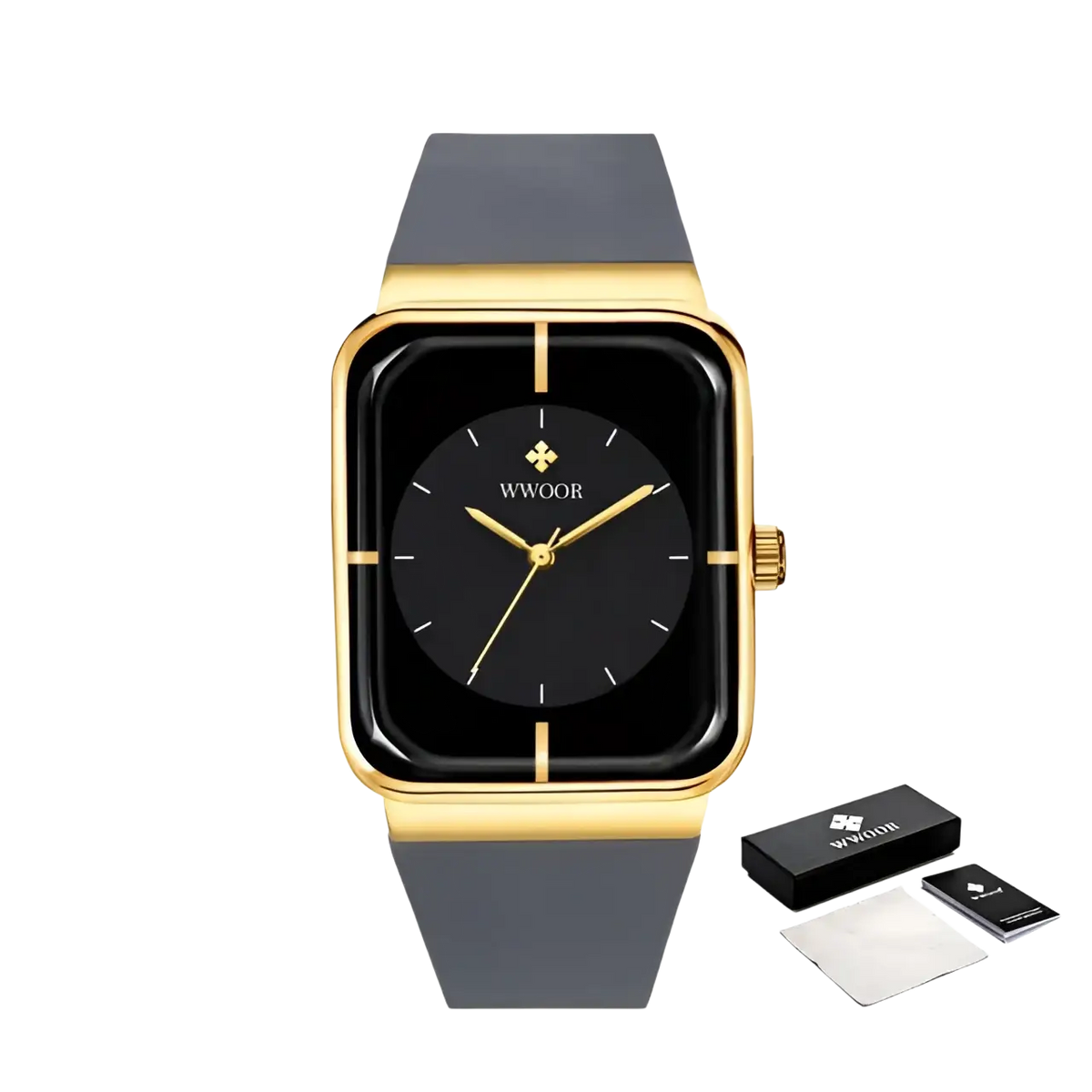 Wwoor gold rectangle quartz watch with gold-toned case, black dial, minimalist markers, and gray silicone strap