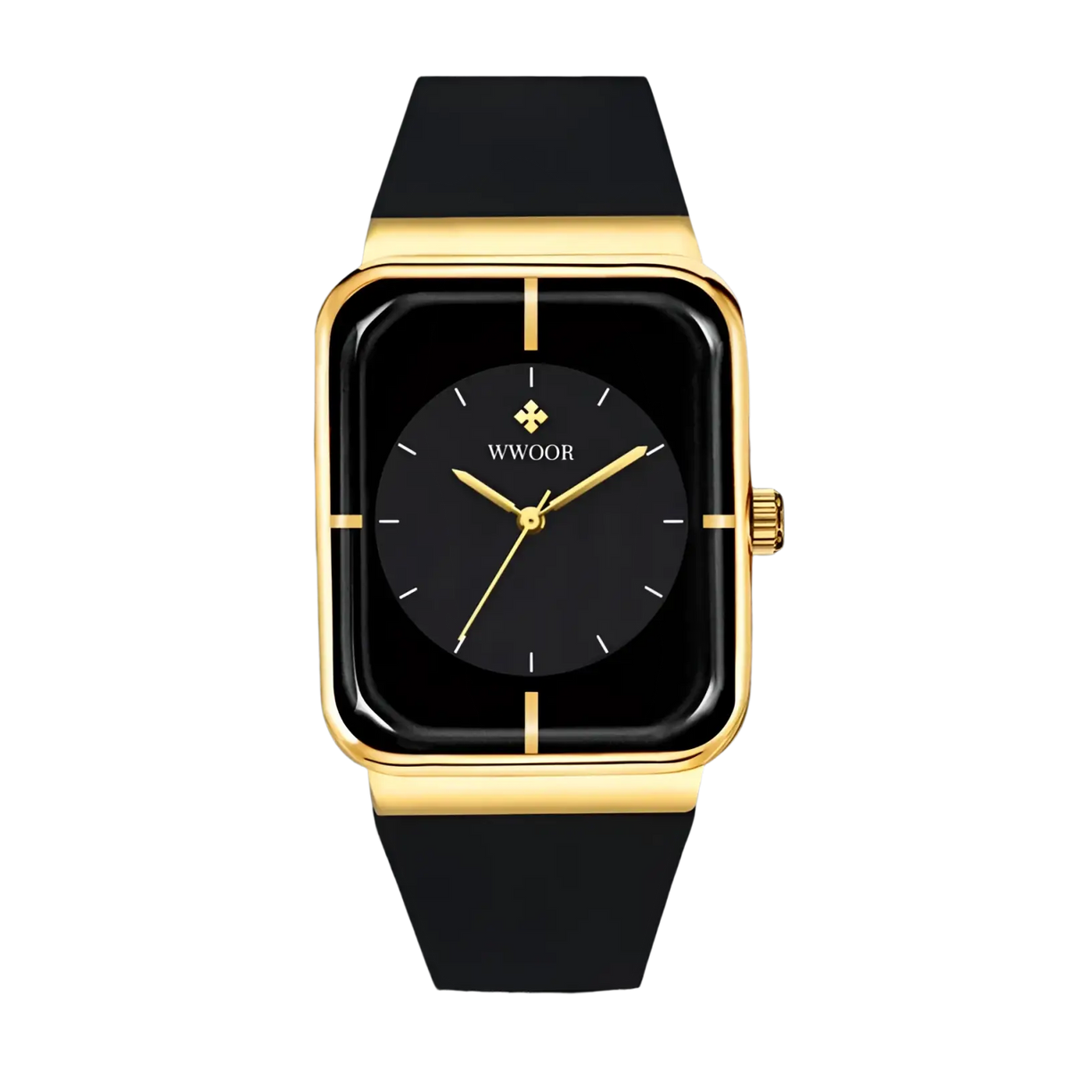 Wwoor gold rectangle quartz watch with a gold-toned case, black dial, minimalist markers, and black silicone strap