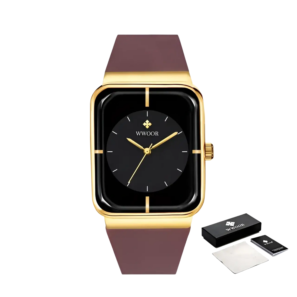 Wwoor gold rectangle quartz watch with gold-toned case, black dial, minimalist markers, and burgundy leather strap