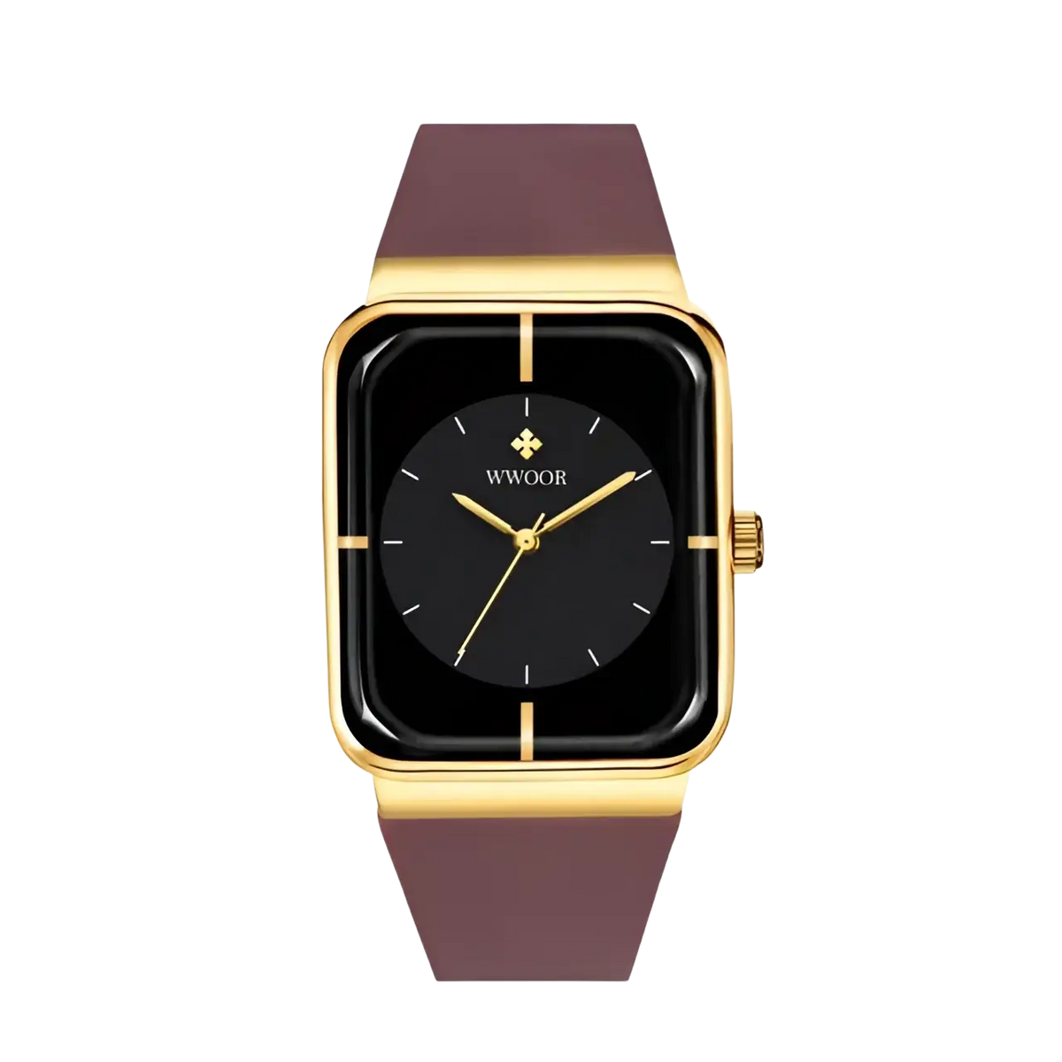 Wwoor gold rectangle quartz watch with black dial and burgundy strap featuring the wwoor brand logo