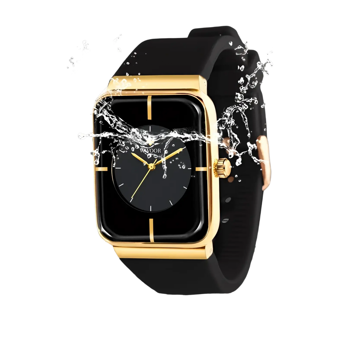 Wwoor gold rectangle quartz watch with black dial, gold-toned case, and matching black silicone strap
