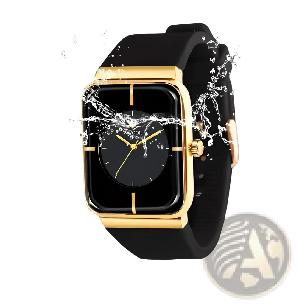 Wwoor gold rectangle quartz watch with black dial, gold-toned case, and matching black silicone strap