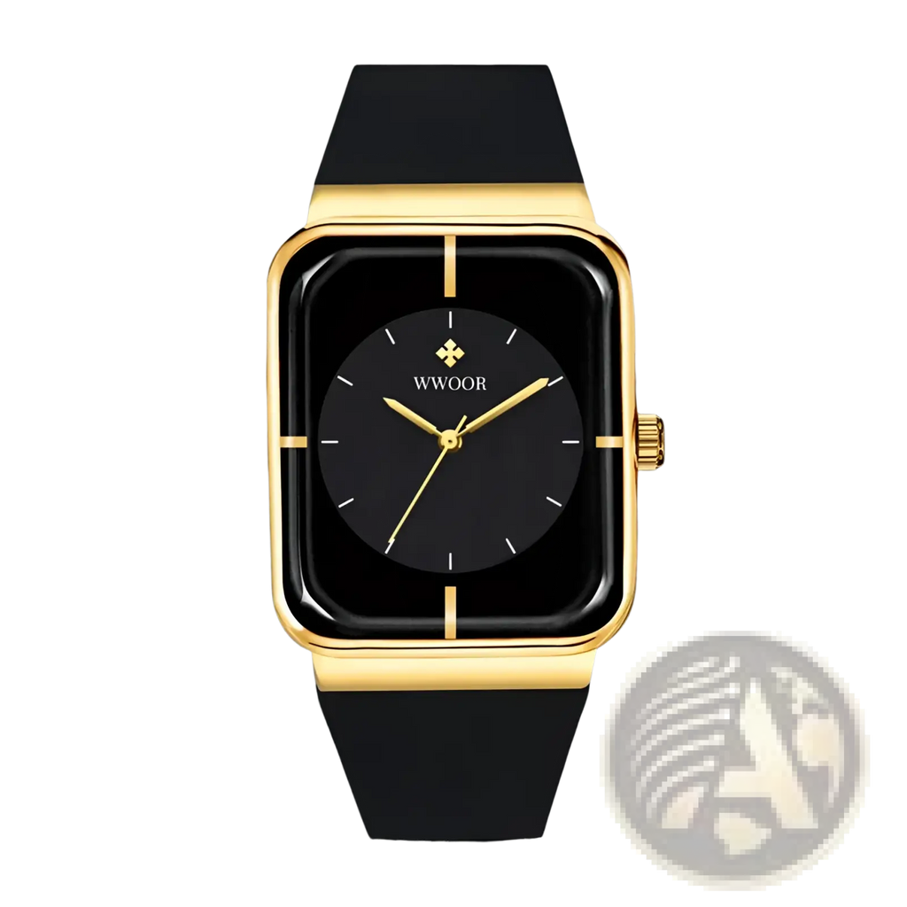 Wwoor gold rectangle quartz watch with a gold-toned case, black dial, minimalist markers, and black silicone strap