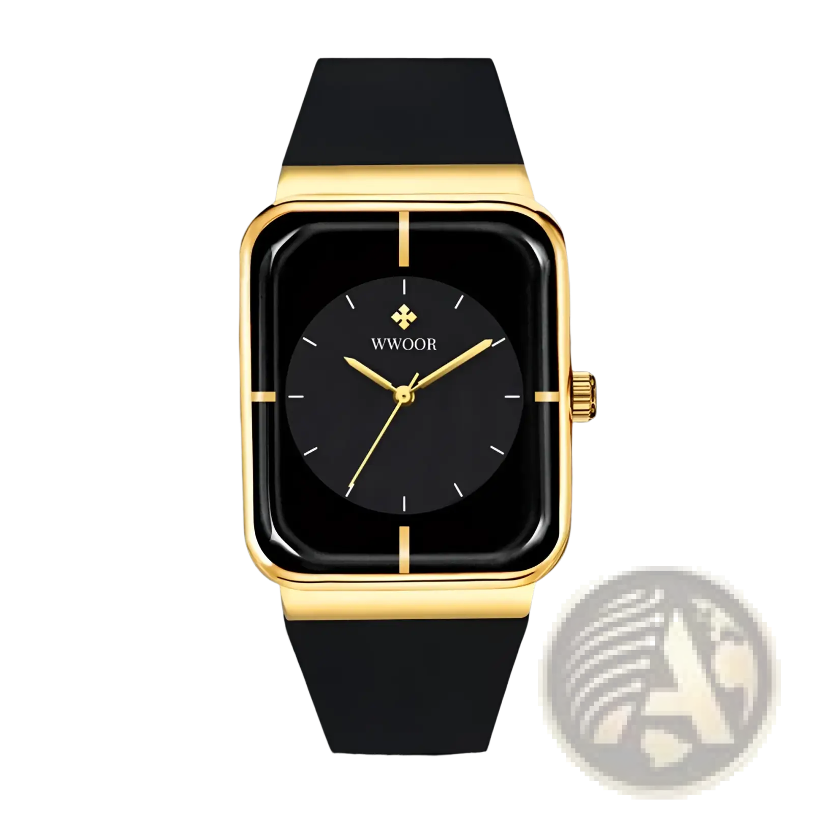 Wwoor gold rectangle quartz watch with a gold-toned case, black dial, minimalist markers, and black silicone strap