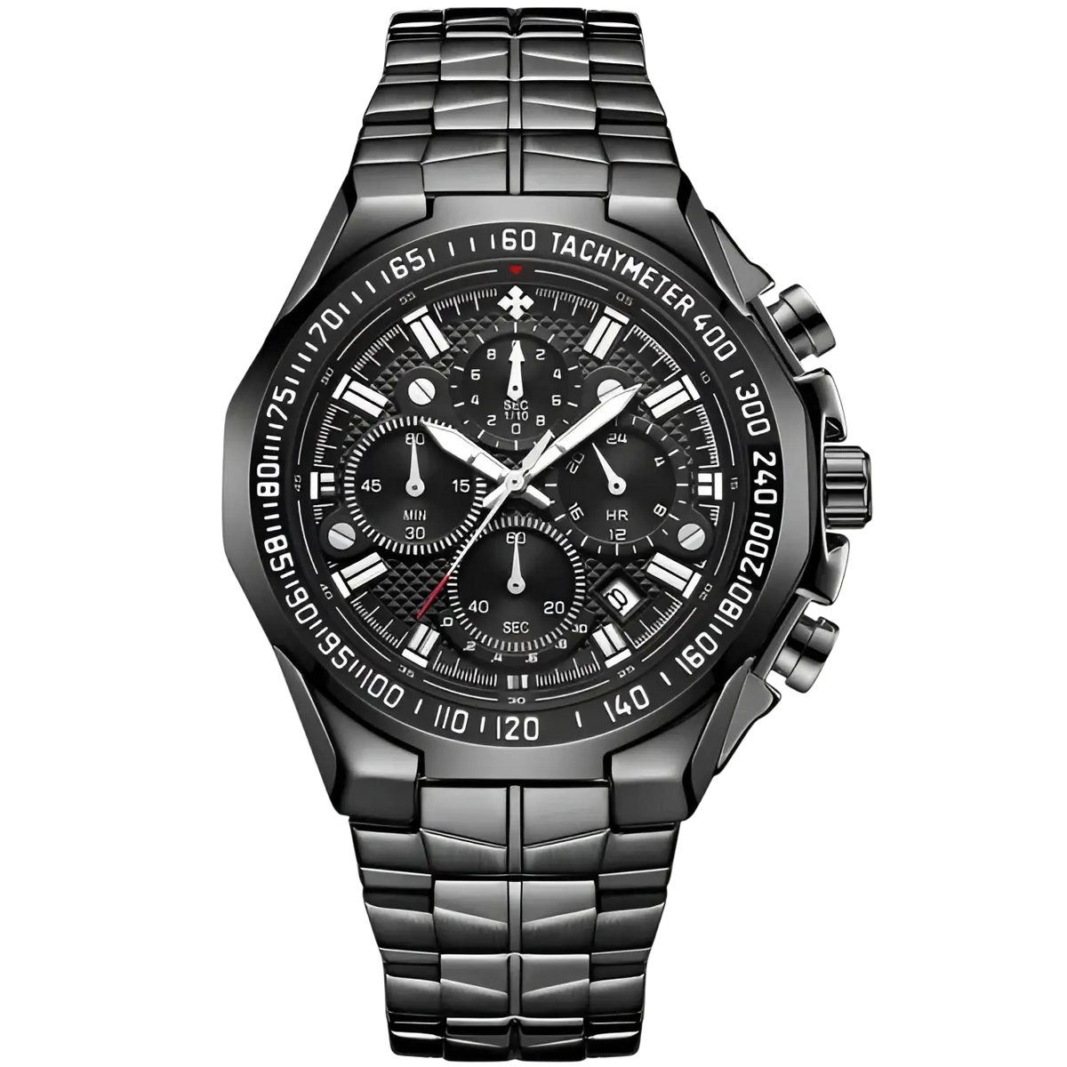 Wwoor men stainless steel chronograph watch with black metallic finish, sleek textured bracelet, and detailed dial