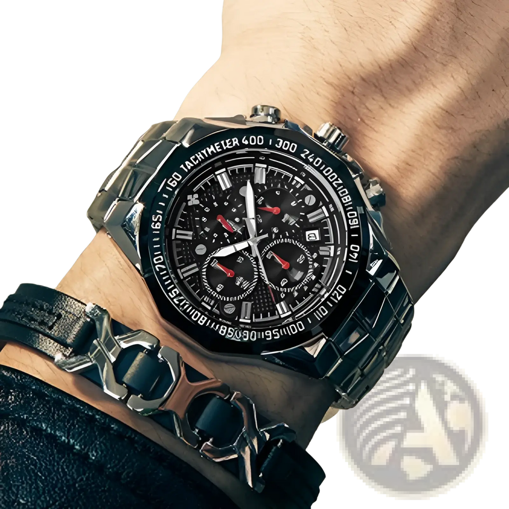 Wwoor men stainless steel chronograph watch with black and silver dial and red hands on a stainless steel band