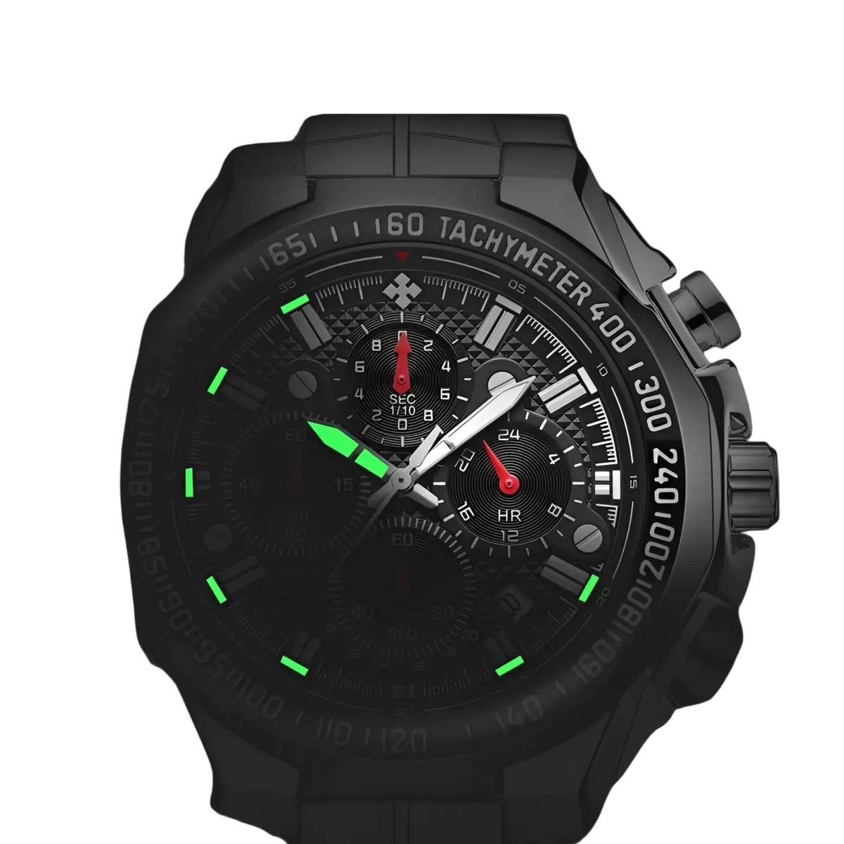 Wwoor men stainless steel tactical chronograph watch with black dial, glowing green hour markers, red hands, and tachymeter bezel