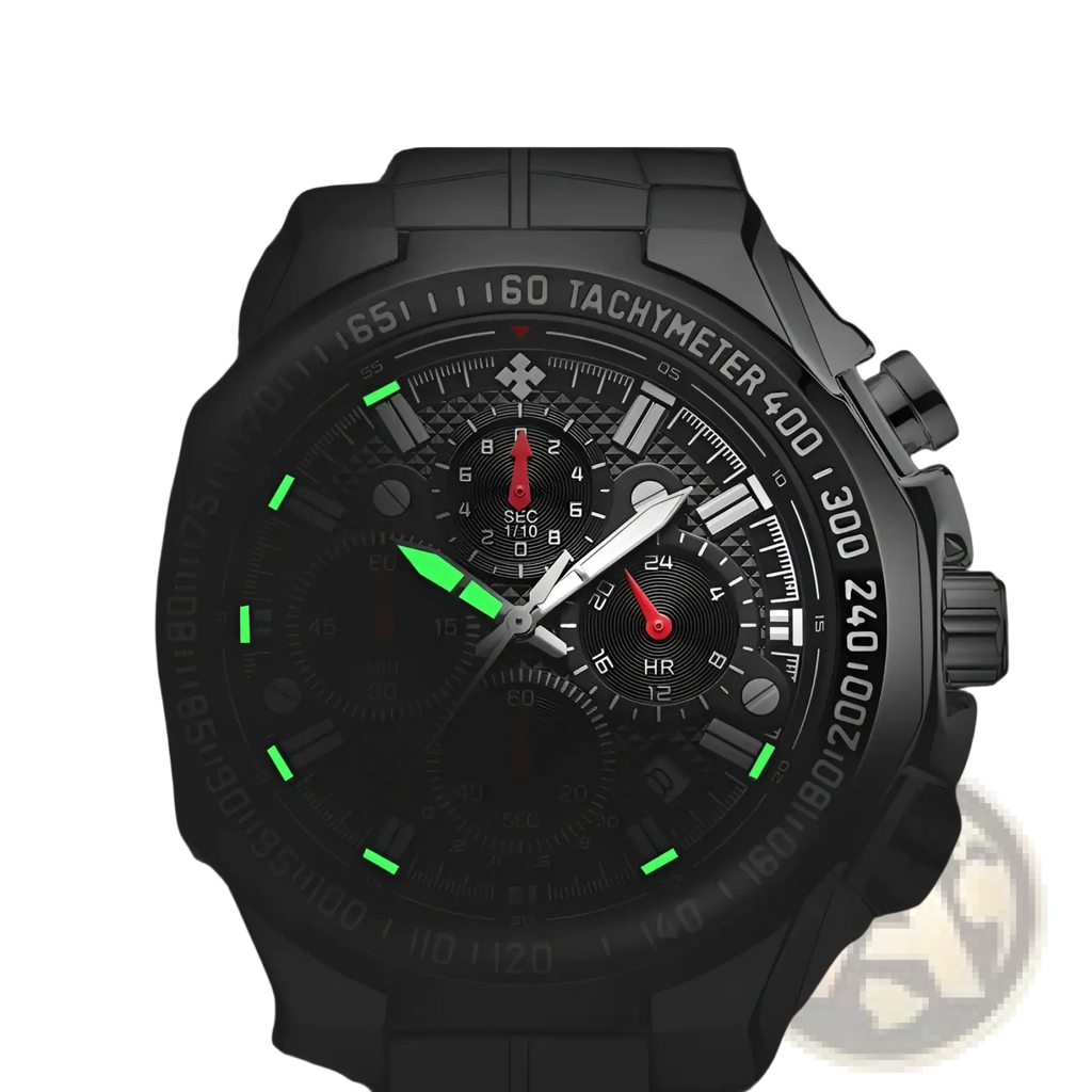Wwoor men stainless steel tactical chronograph watch with black dial, glowing green hour markers, red hands, and tachymeter bezel