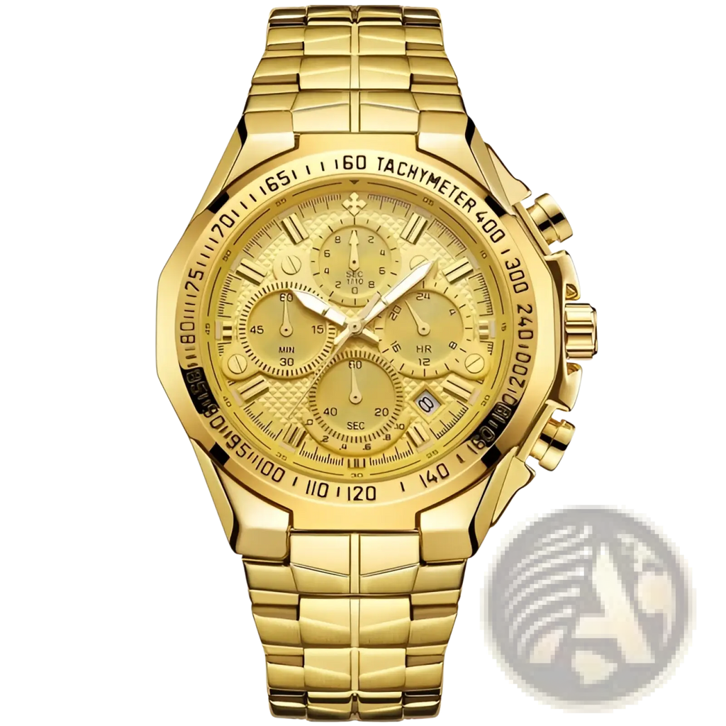 Wwoor men stainless steel chronograph watch with gold-tone textured dial and three subdials featuring logo