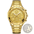 Wwoor men stainless steel chronograph watch with gold-tone textured dial and three subdials featuring logo
