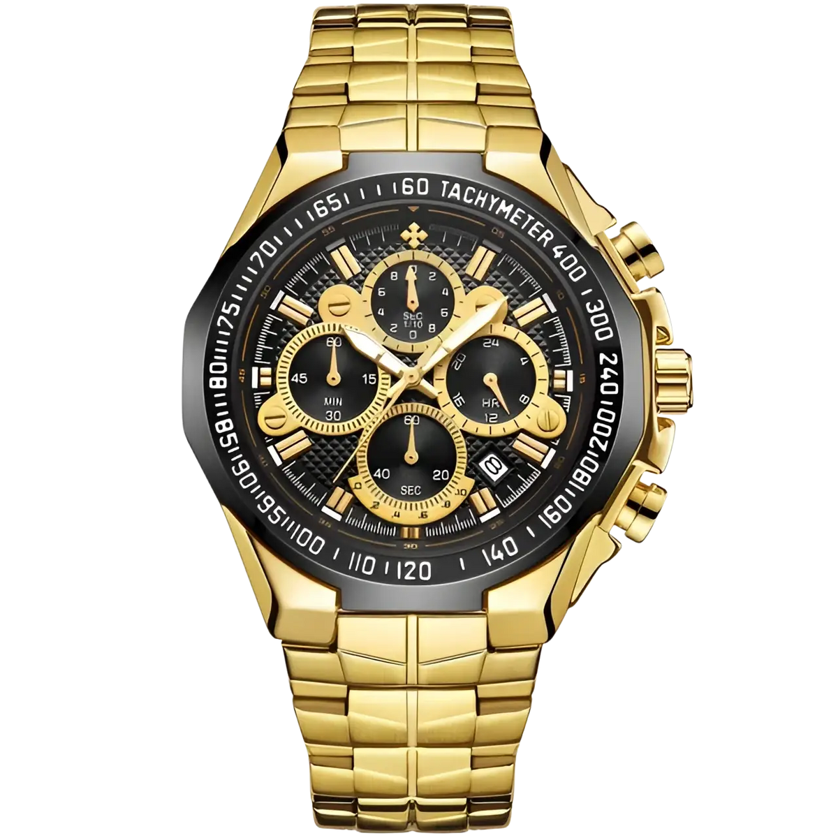 Wwoor men stainless steel chronograph watch gold tone with black dial three sub dials and tachymeter bezel