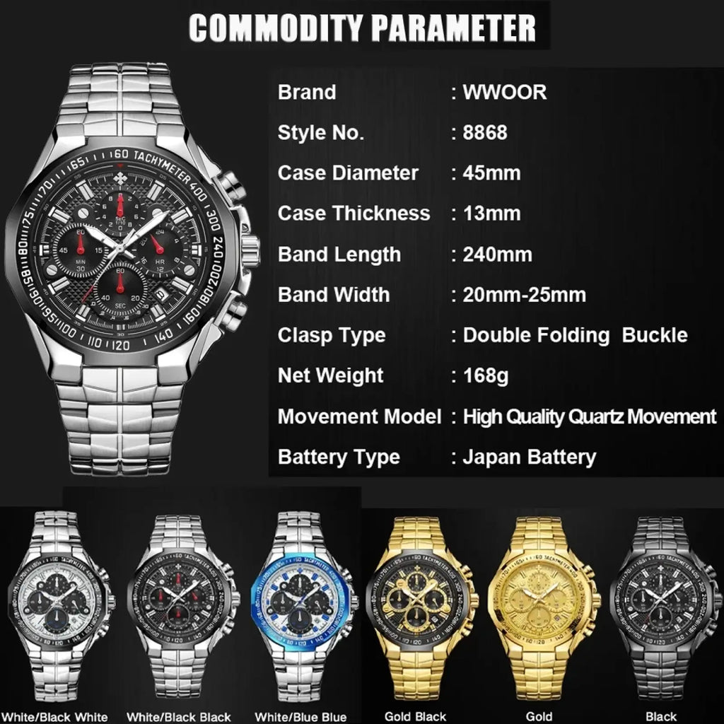 Wwoor men stainless steel chronograph watch with silver case black dial red accents and tachymeter bezel