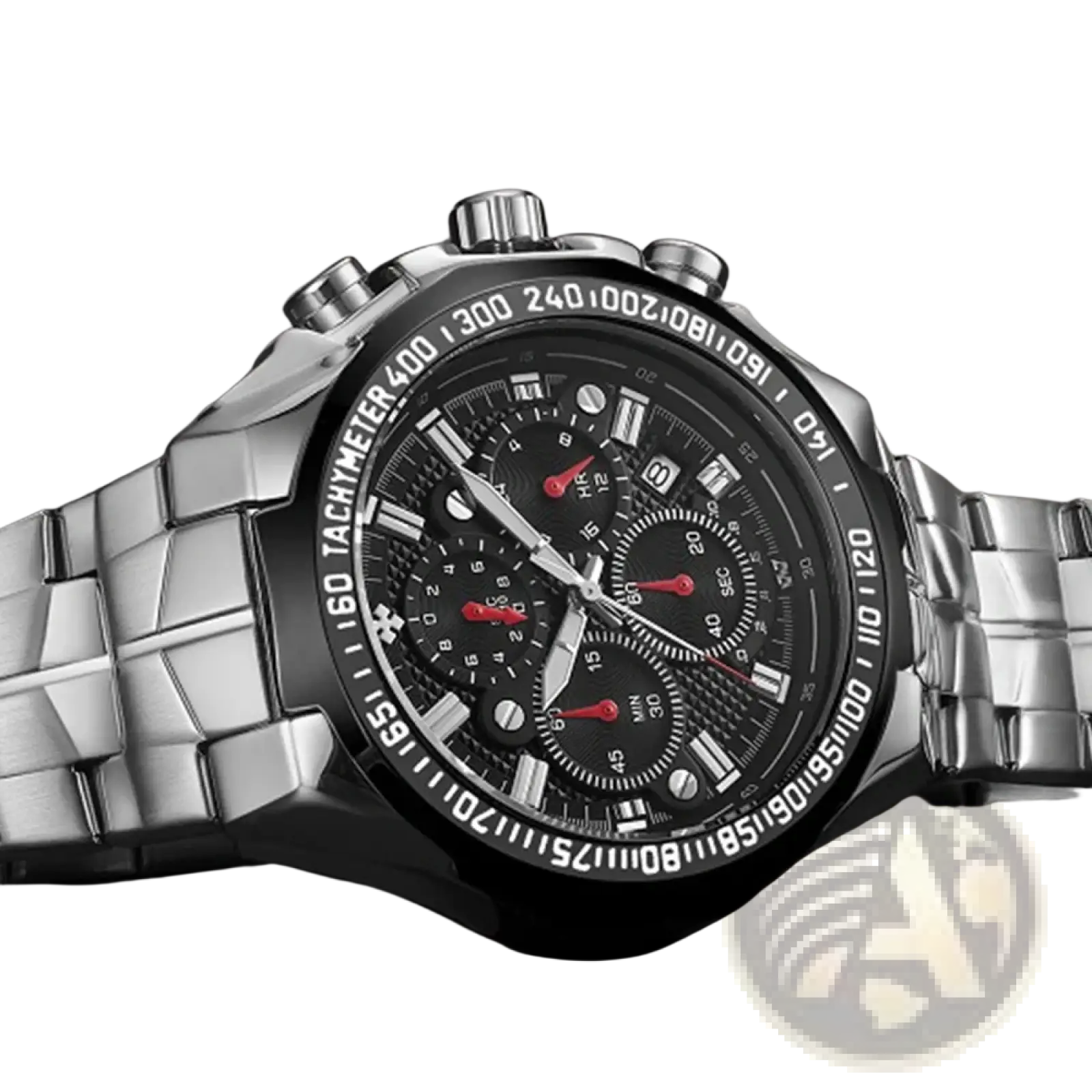 Wwoor men stainless steel chronograph watch with silver tone, black dial, red hands and tachymeter bezel