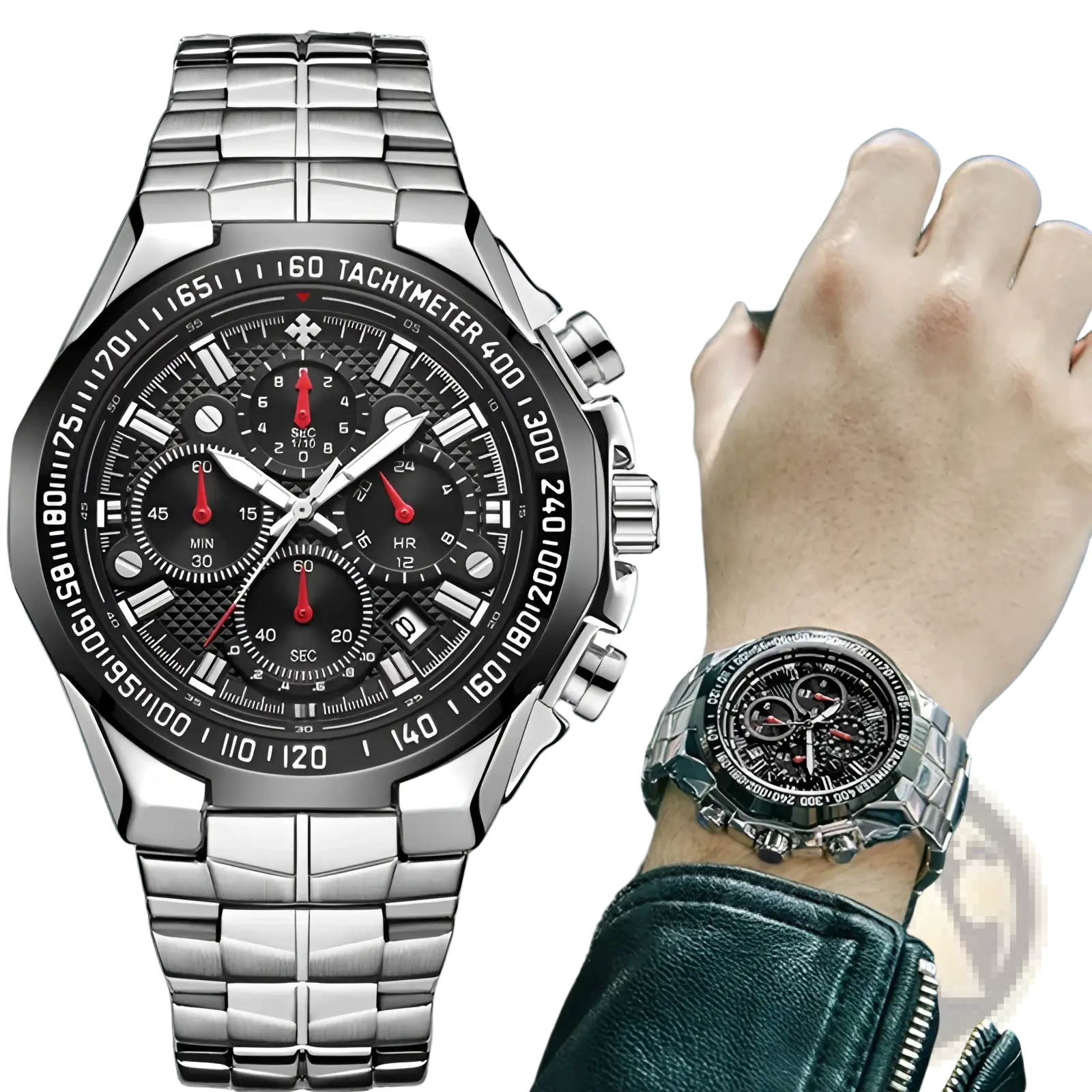 Wwoor men stainless steel chronograph watch with silver tone, black dial, red accents, and tachymeter bezel