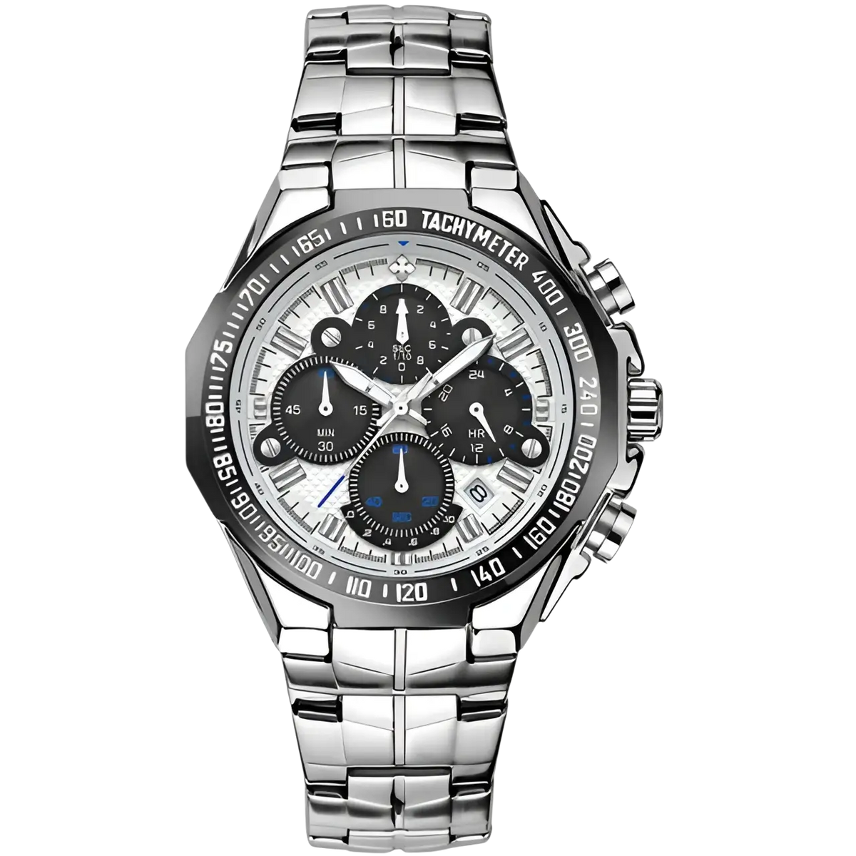 Silver-toned Wwoor men stainless steel chronograph watch with white dial black subdials roman numerals and tachymeter scale