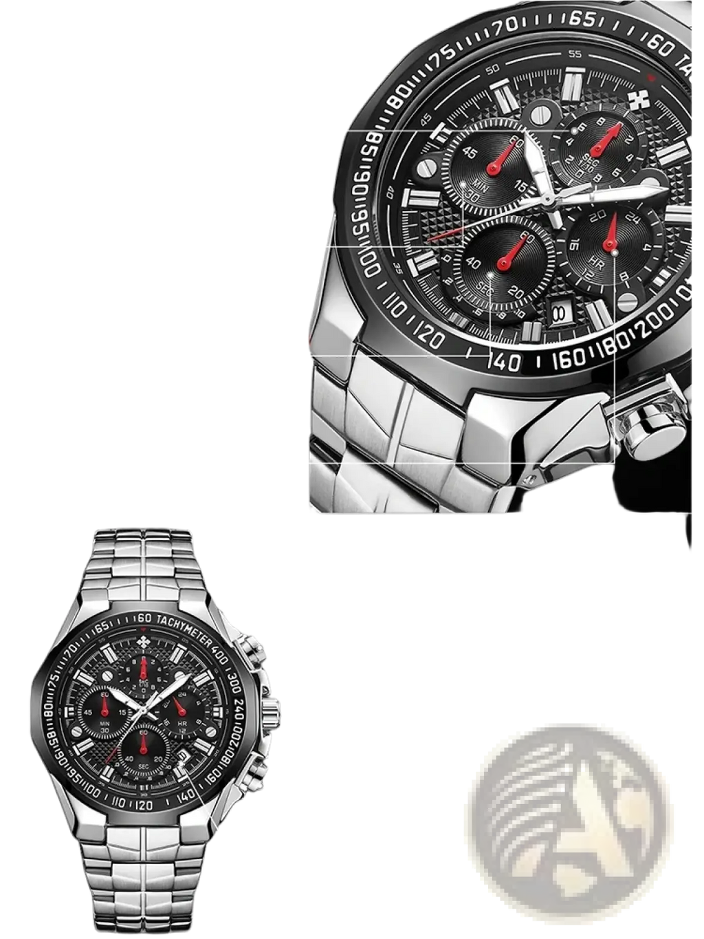 Wwoor men stainless steel chronograph watch with silver tone case black dial red hands and tachymeter bezel