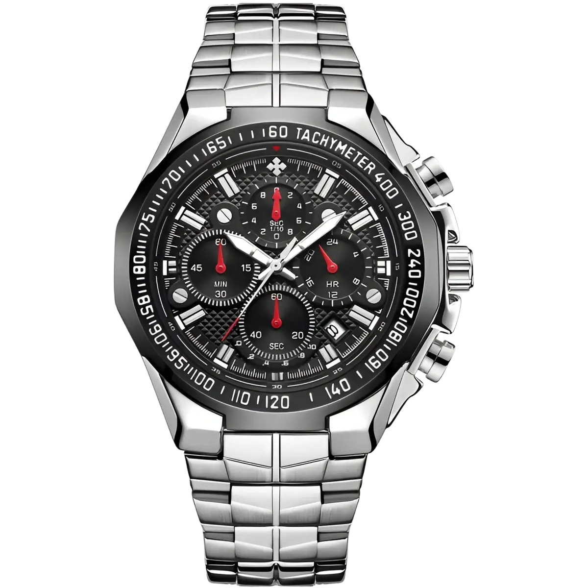 Silver-toned wwoor men stainless steel chronograph watch with black dial and red accents on hands and subdials