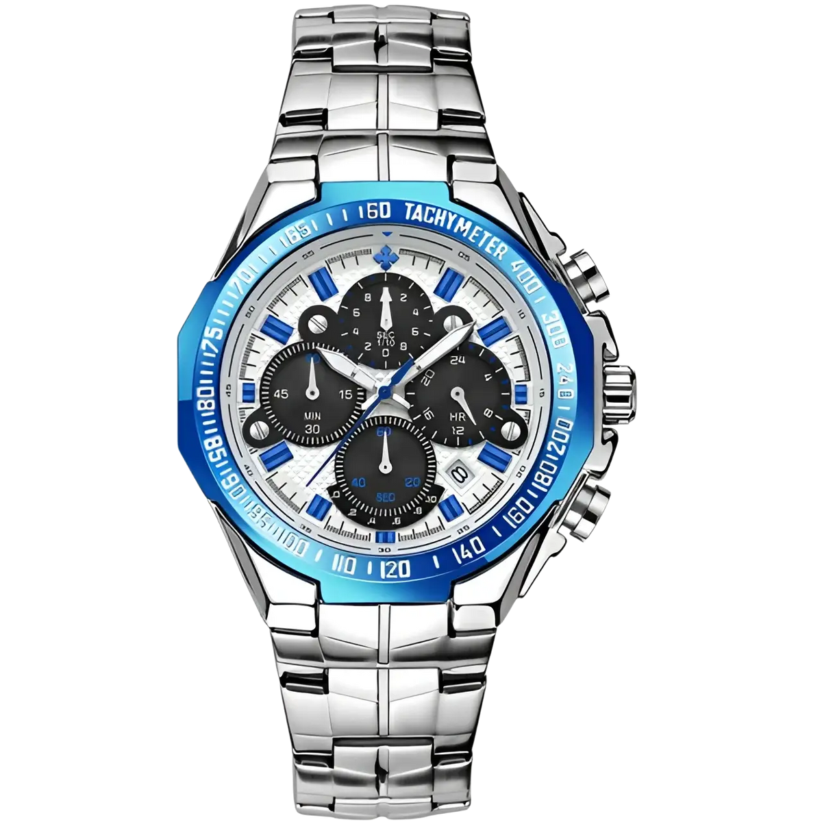 Wwoor men stainless steel chronograph watch with silver tone, white face, black subdials, and blue tachymeter bezel