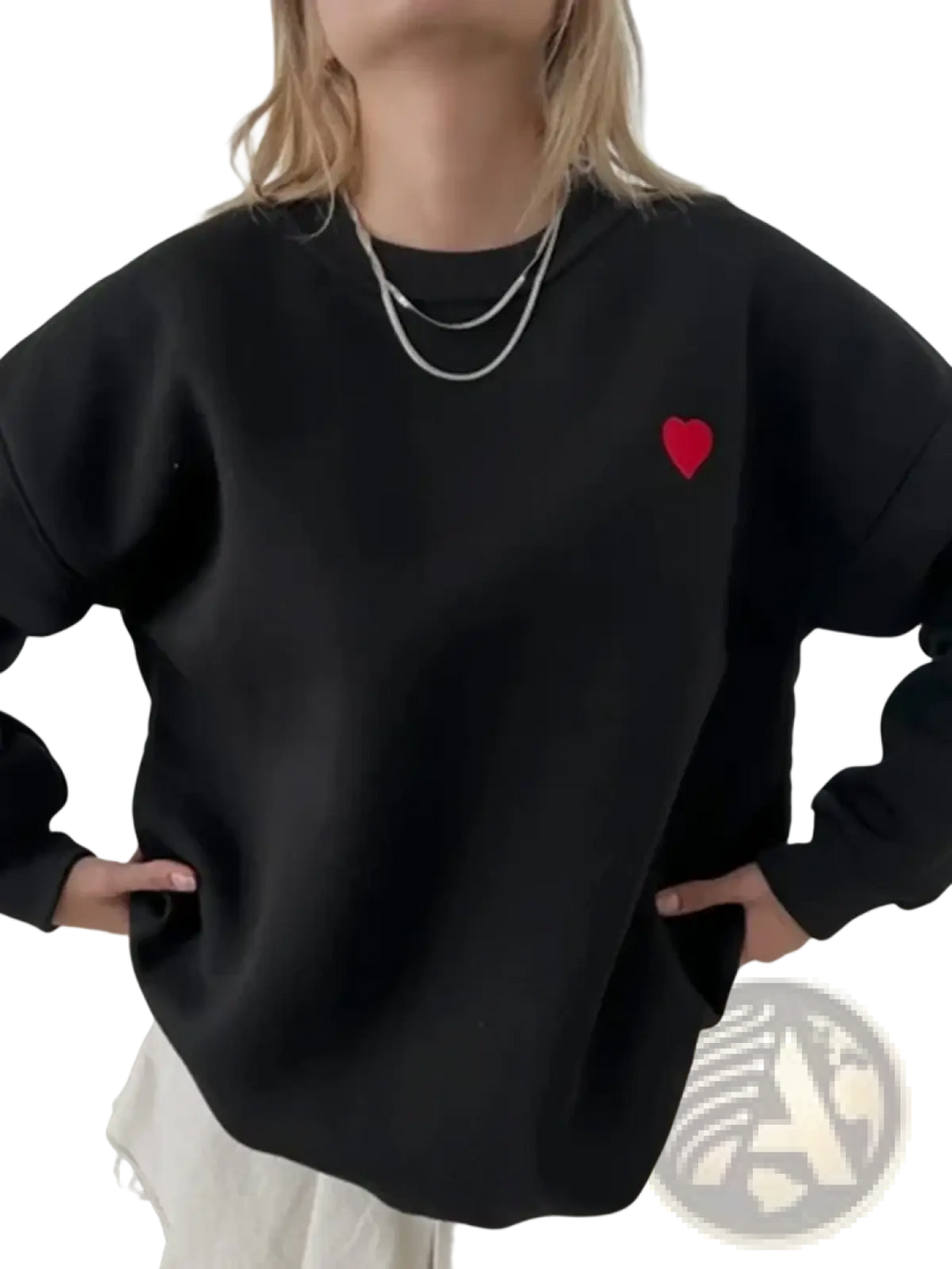 Black oversized cotton hoodie by Wxoy with a small red heart embroidered on the left chest