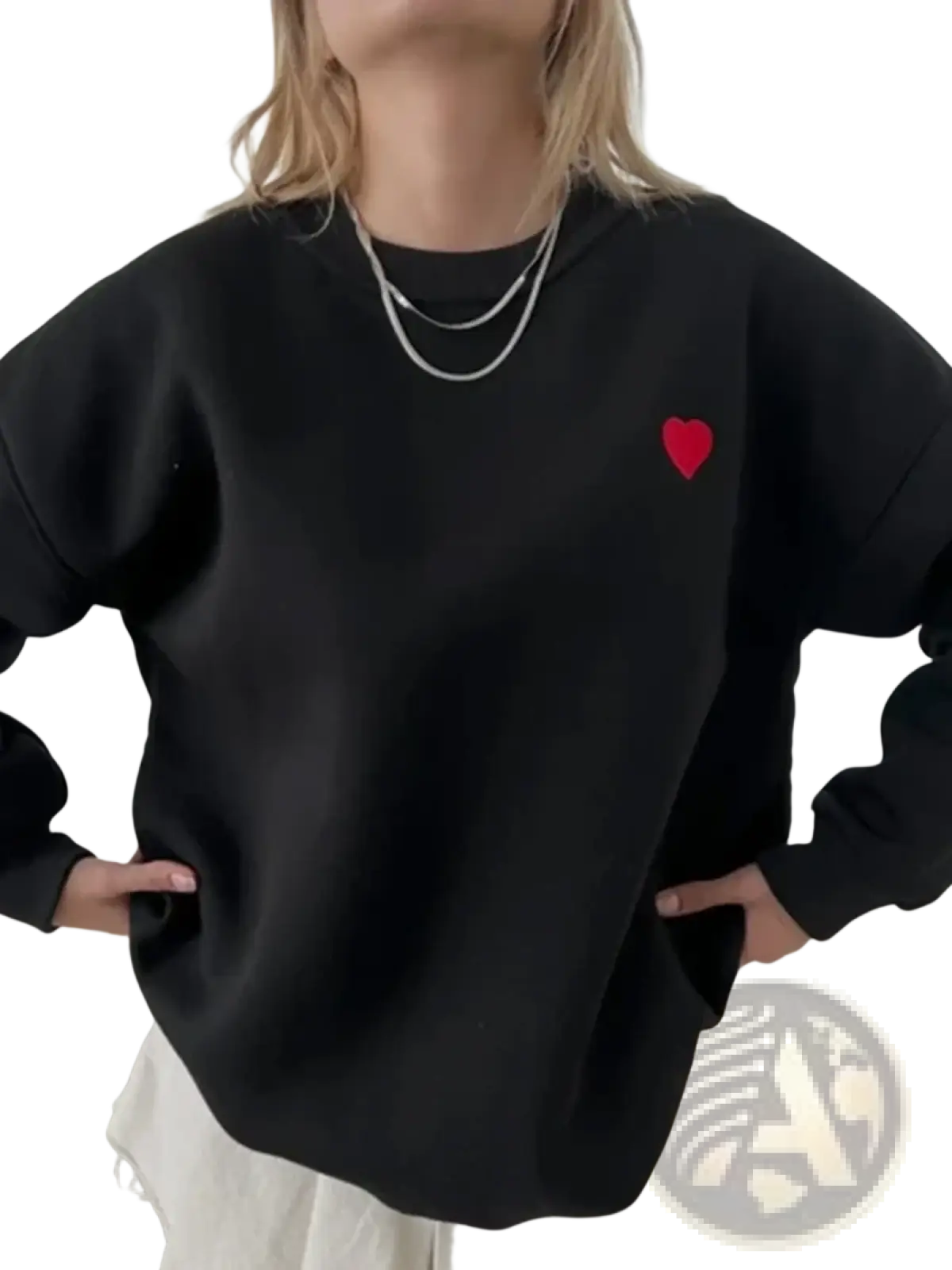 Black oversized cotton hoodie by Wxoy with a small red heart embroidered on the left chest