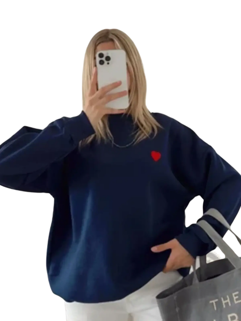 Navy blue oversized cotton sweatshirt with small red heart embroidered on the left chest by Wxoy