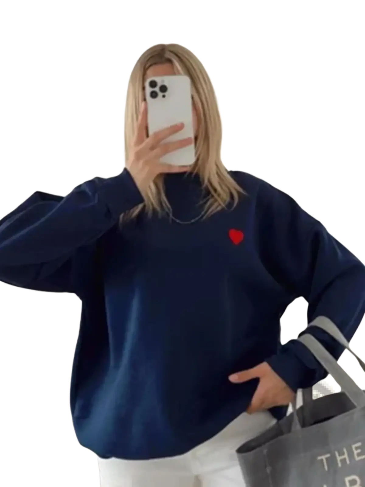 Navy blue oversized cotton sweatshirt with small red heart embroidered on the left chest by Wxoy
