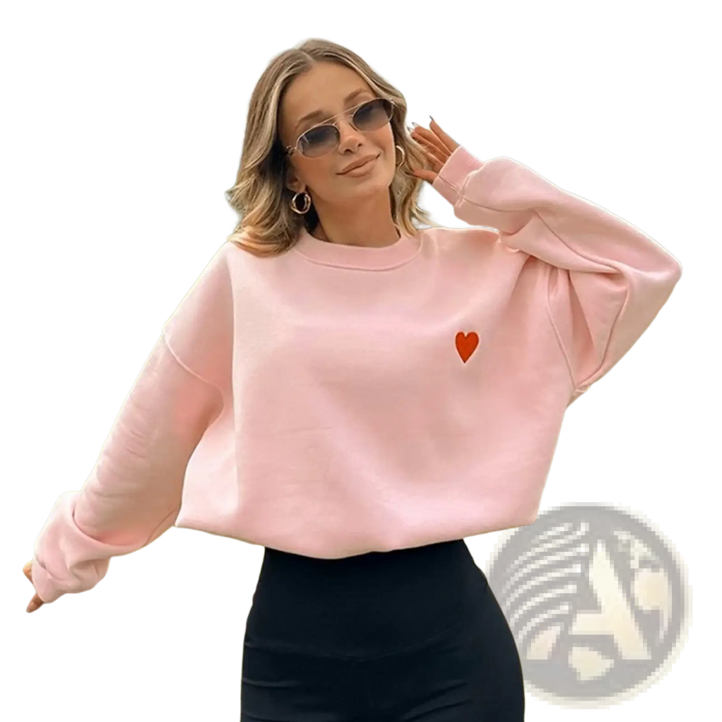 Wxoy embroidered heart oversized cotton hoodie in soft pink with a small orange heart on the left chest