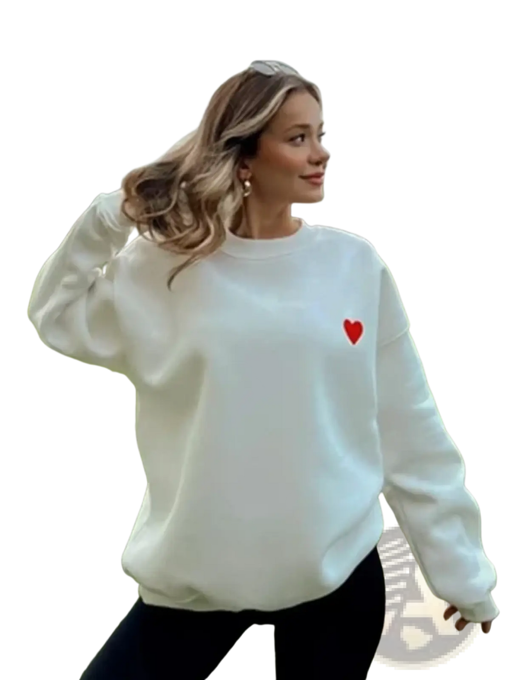 White cotton Wxoy embroidered heart oversized hoodie with small red heart on left chest