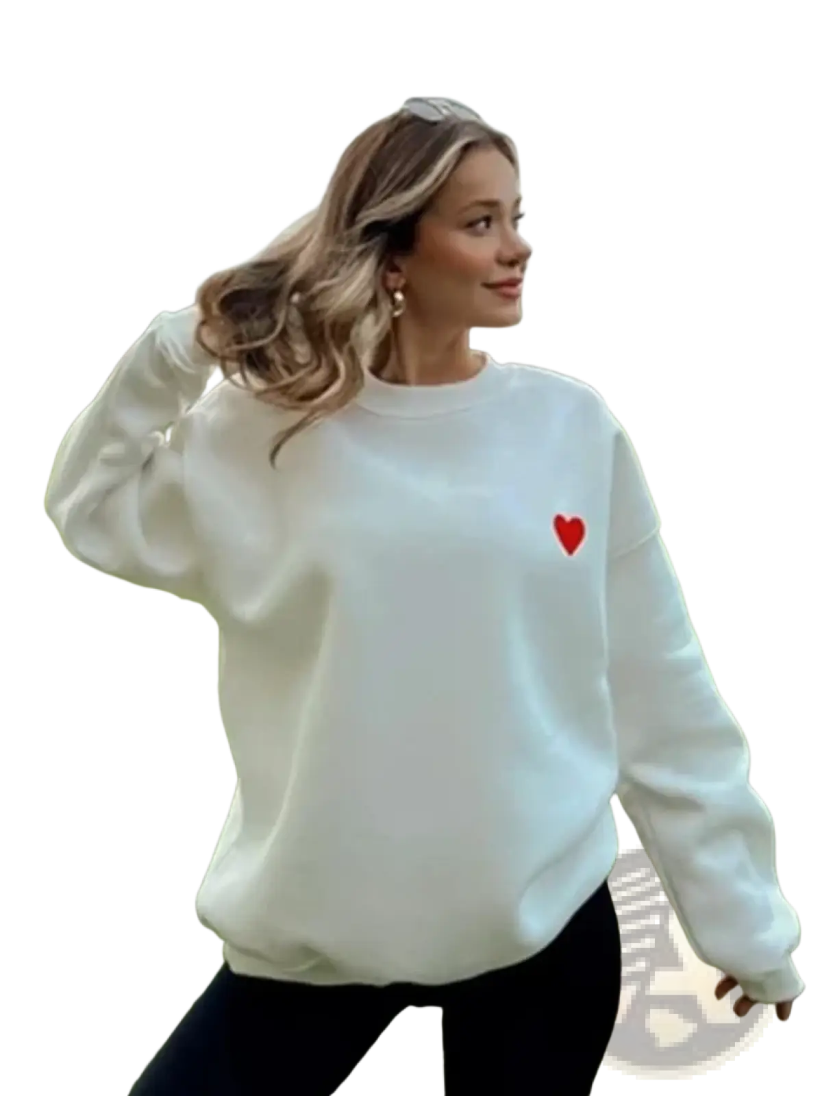 White cotton Wxoy embroidered heart oversized hoodie with small red heart on left chest