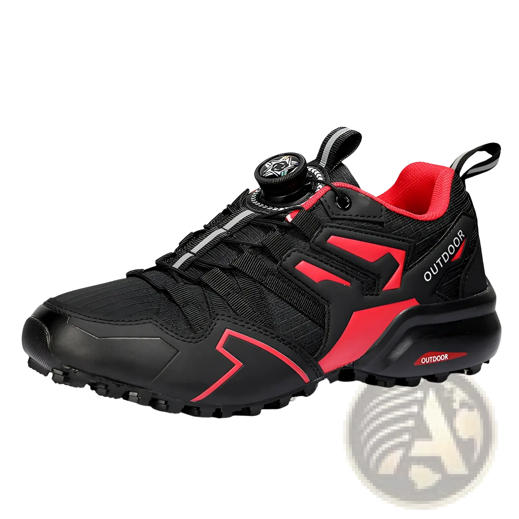 X111 lightweight off-road hiking shoe in black and red with breathable mesh upper rugged rubber sole and circular lacing system