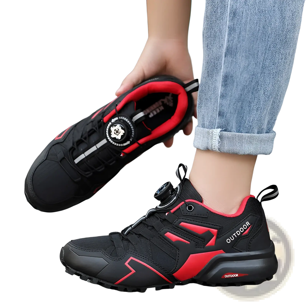 X111 lightweight off-road breathable hiking shoes in black and red with a distinctive circular buckle system