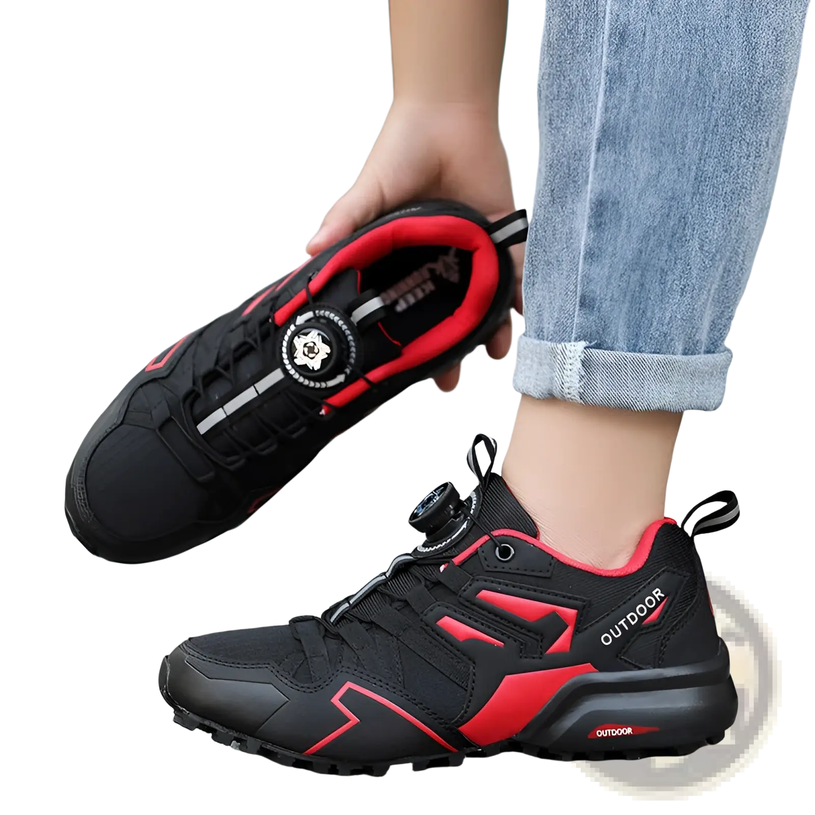 X111 lightweight off-road breathable hiking shoes in black and red with a distinctive circular buckle system