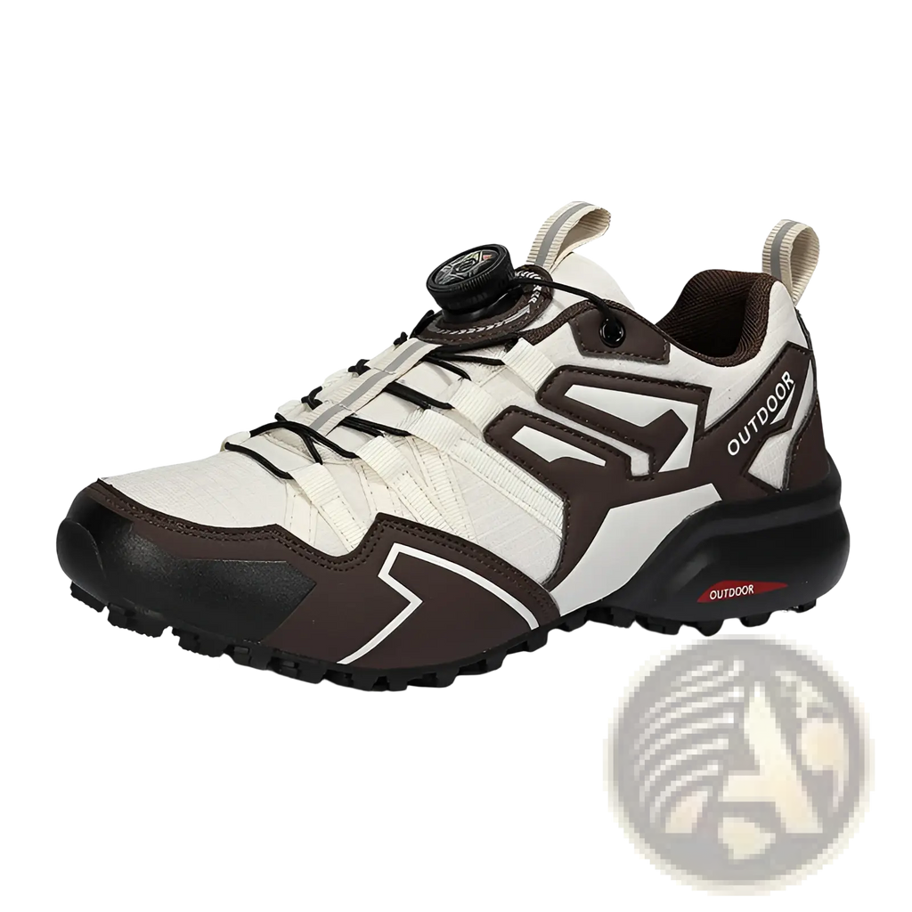 X111 lightweight off-road breathable hiking shoe in white and brown with black rubber sole and distinctive lacing system